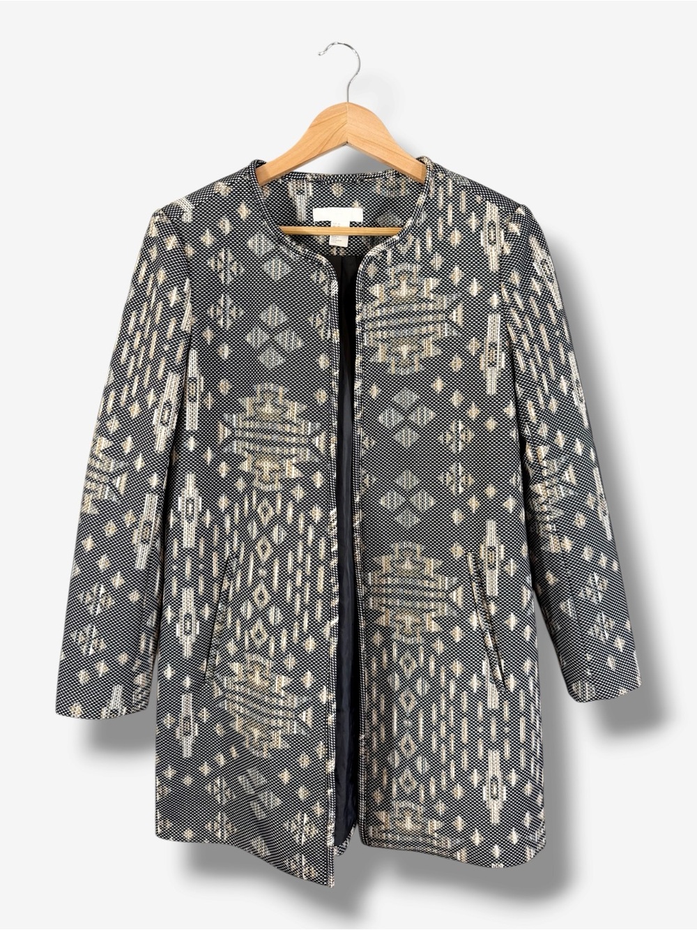H&M Geometric Jacquard Tapestry Longline Collarless Coat Jacket Size 10